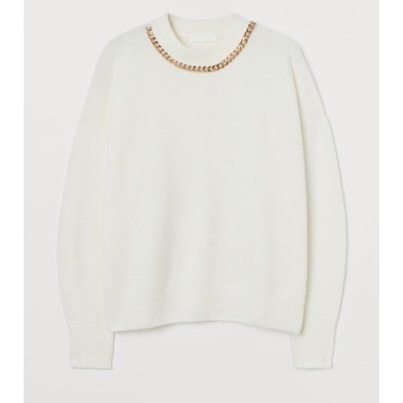 H&M Chain Detail Sweater Wool blend Gold Chain White M - Picture 3 of 14